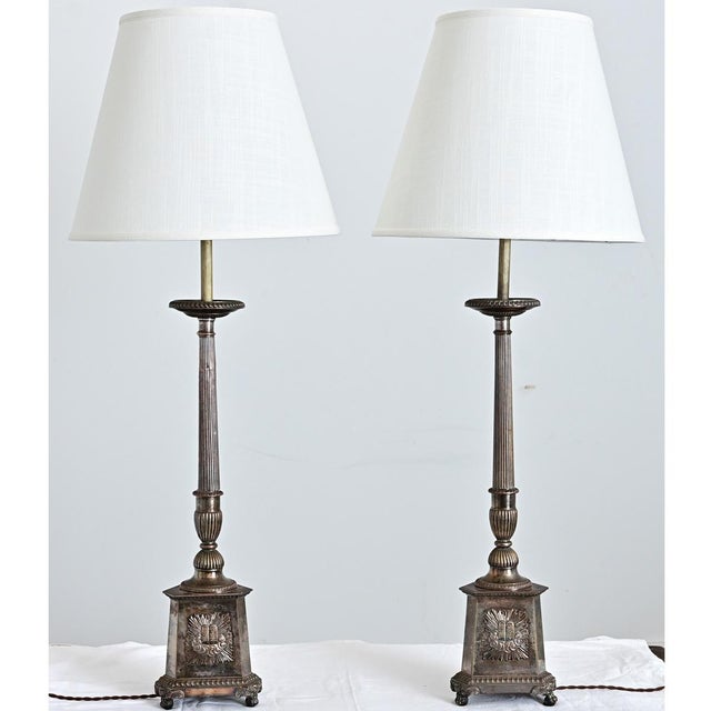 French, 19th century pair of very tall silver-plated altar candlesticks from a church or cathedral, electrified as table...