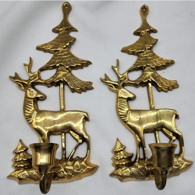 1950s Brass Deer & Pine Tree Candle Sconces- a Pair For Sale - Image 6 of 7