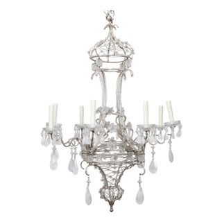 Italian 1920s Rock Crystal Beaded Eight-Light Chandelier with Rosettes For Sale
