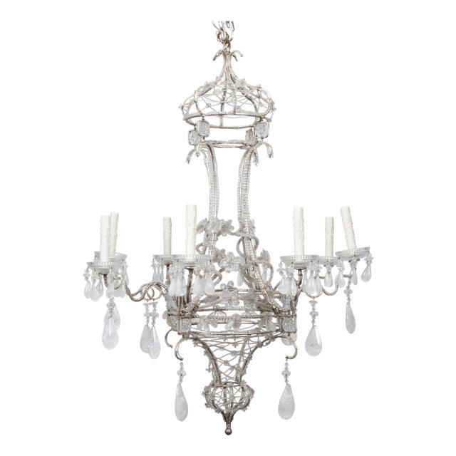 Italian 1920s Rock Crystal Beaded Eight-Light Chandelier with Rosettes For Sale