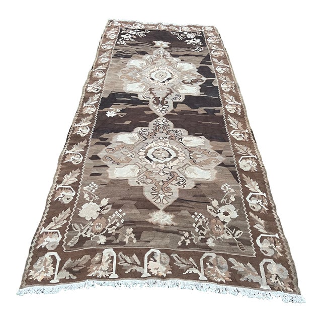 Antique Rose Pattern Flatweave Kilim Rug Runner For Sale