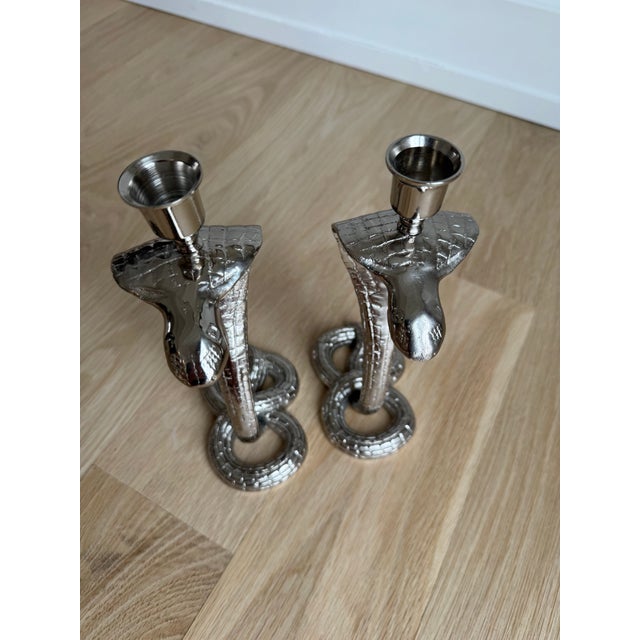 1930s Egyptian Revival Bronze Candlesticks/Taper Candle Holders, Newly Nickel Plated – Exquisitely Detailed Sculptural Pair For Sale - Image 4 of 11