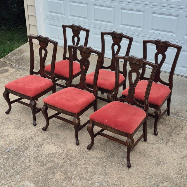 Mid-20th Century Lane Rustic Floral Paint Decorated Walnut Dining Chairs, Set of 6 For Sale In Washington DC - Image 6 of 18