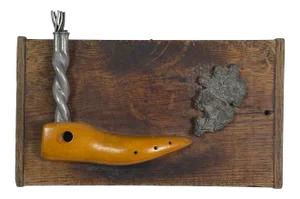 Vintage Outsider/Folk Art Assemblage With Wooden Shoe Form and Metal, Signed