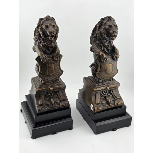 1940s Rare Antique Pair of Victorian-Era Bronze Lion Rampart Bookends on Pedestal. For Sale - Image 5 of 16