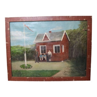 Antique 19th Century Johannes Olsen Folk Art Town School Figural Oil Painting For Sale