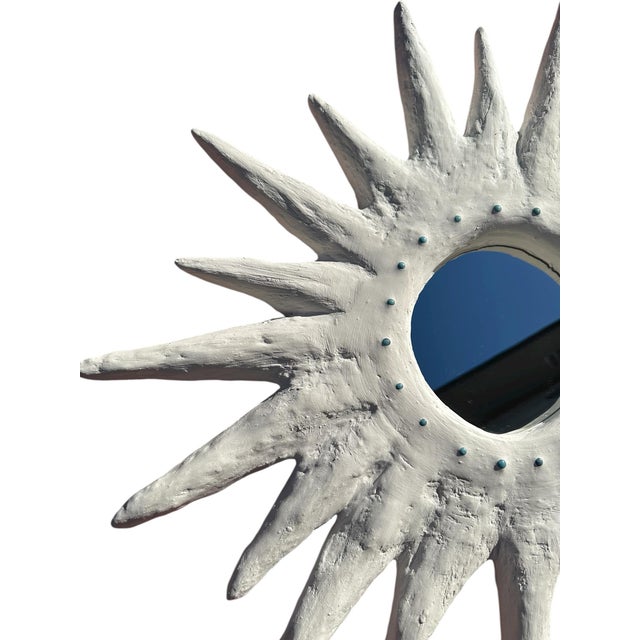 Handmade Plaster Sunburst Mirror With Turqoise Embellishments by Mb Maison For Sale - Image 9 of 10