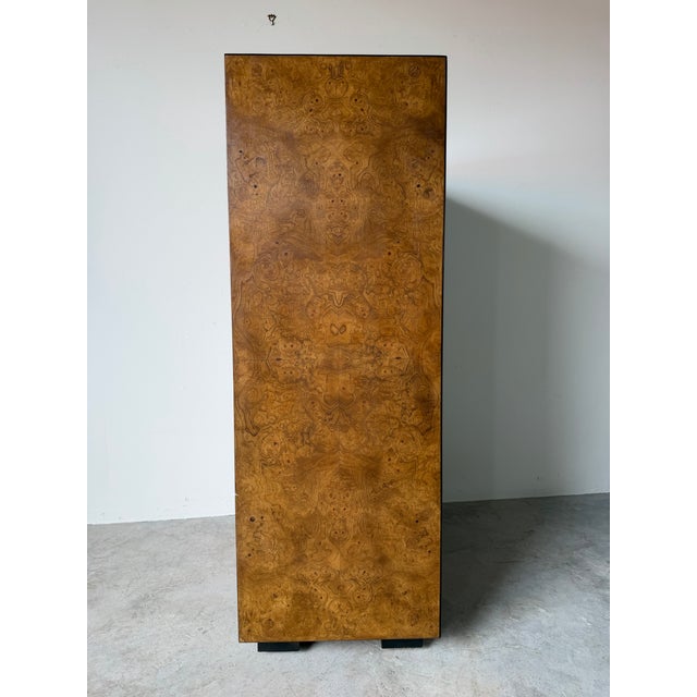 1970’s Vintage John Widdicomb Campaign Burled Wood Highboy Dresser on Casters With Recessed Brass Hardware For Sale - Image 10 of 13