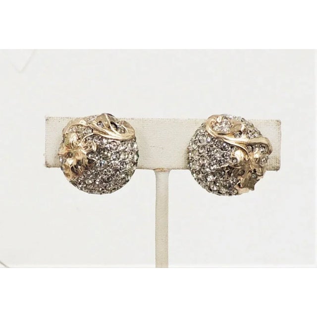 Gold Vintage 1950s Signed Reja Pave Clear Rhinestone Leaf Clip Earrings - 2 Pieces For Sale - Image 8 of 8