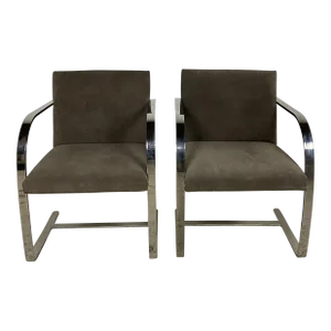 Vintage Knoll Stainless Flat Bar Brno Chairs in Mushroom Greige Suede - a Pair