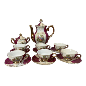 Early 20th Century French Red White Porcelain Coffee Set - 14 PCS