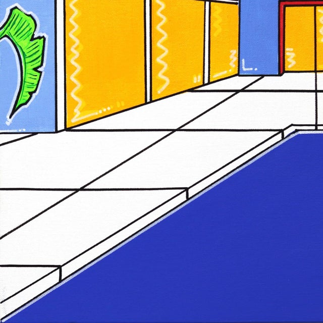 Summers 2 - Contemporary Mid-Century House Vibrant Blue Architectural Acrylic Painting on Canvas Modern Villa, Palm, and Pool Art by Jonjo Elliott For Sale - Image 4 of 8