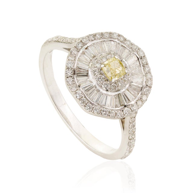 Art Deco Yellow Diamond Ballerina Cocktail Ring in 18k White Gold Size 7 For Sale - Image 4 of 16