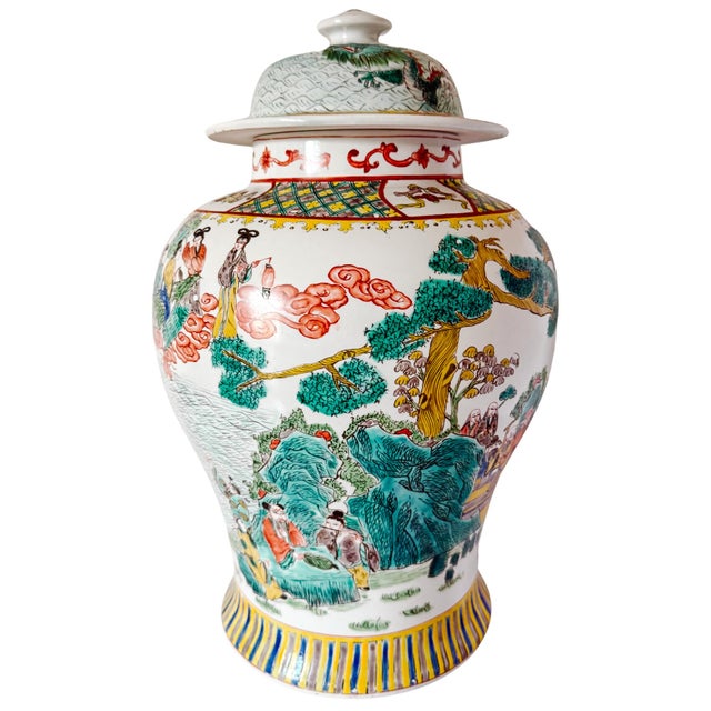 Make a commanding statement with this large vintage Chinese porcelain temple jar and lid, standing 17 inches high. Hand-...