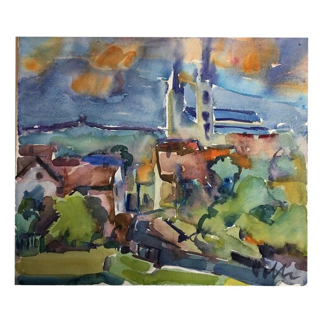View of a Town, 1950s, Watercolor For Sale