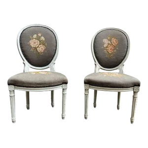 19th Century Pair Antique Louis XVI Style White Painted Upholstered Side Chairs