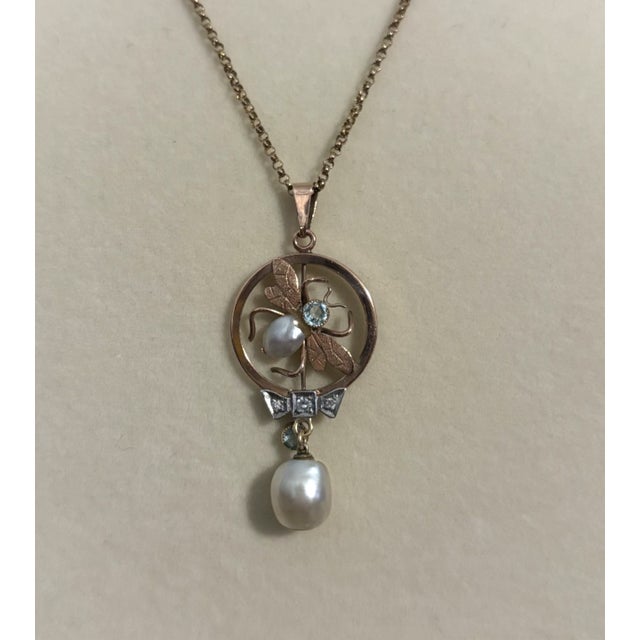 1900 - 1909 1900-1909 9 Ct Gold Fly Necklace With Diamonds, Pearls, and Aquamarine For Sale - Image 5 of 7