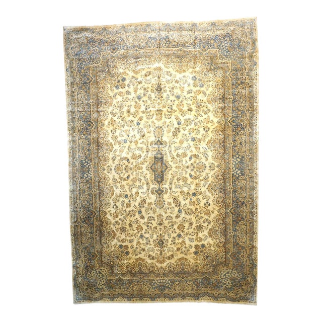Antique Persian Kerman Wool 12x18 Tan, Ivory & Blue Handmand Area Rug #9902741 For Sale