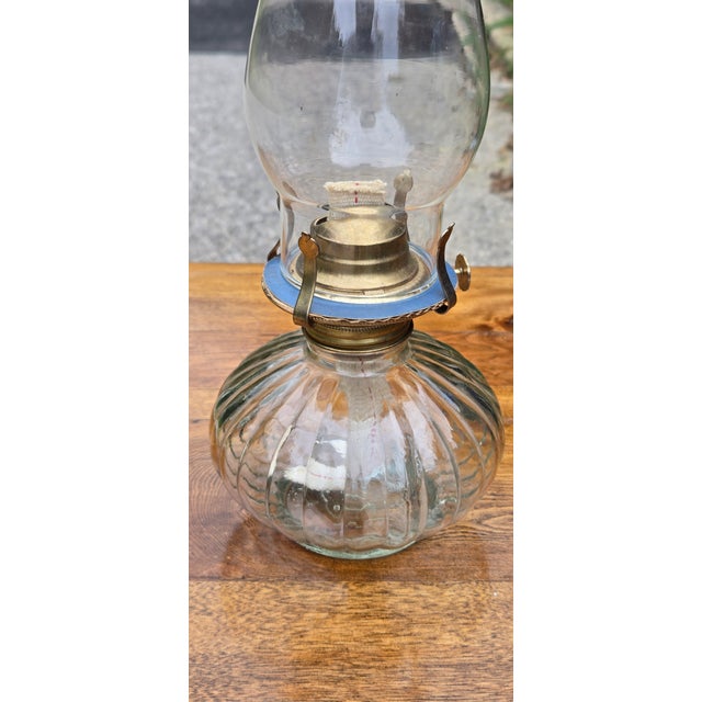 Vintage Limited Edition Clear Ribbed Glass Oil Lamp With Chimney & Brass Gallery For Sale - Image 10 of 11