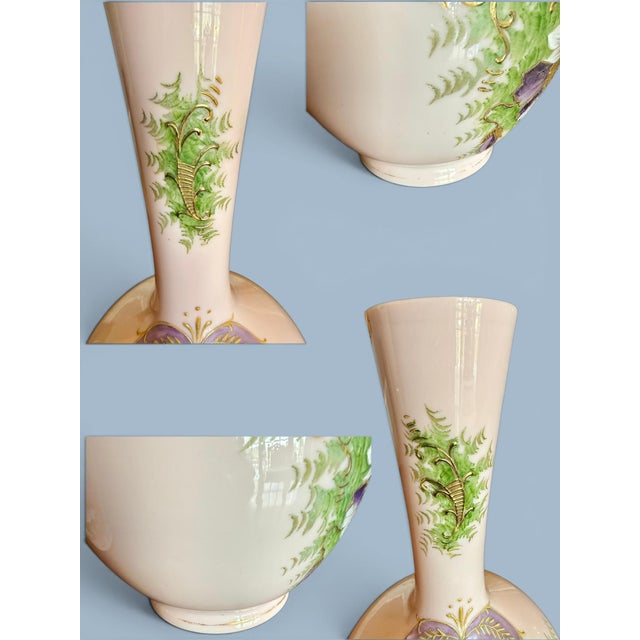 Ceramic Antique Austrian Portrait Vases Pair-Art Nouveau-Pink Enamel-Maiden-Porcelain For Sale - Image 7 of 11
