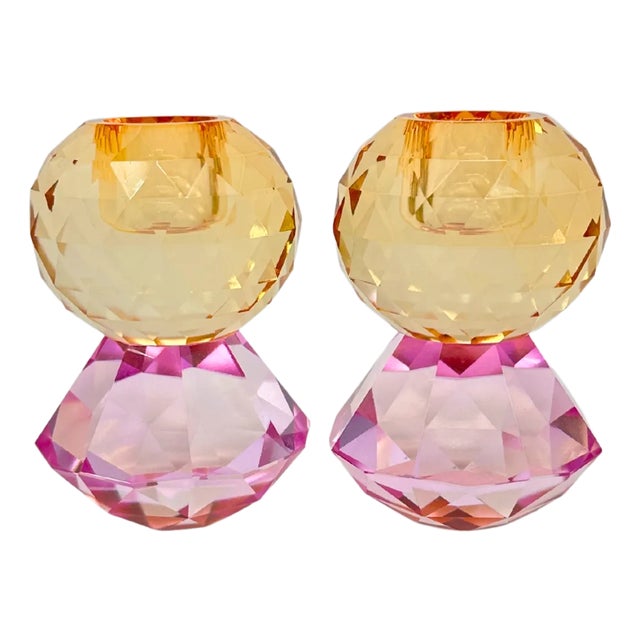 Danish Pink & Orange Faceted Crystal Candle Holder Pair For Sale