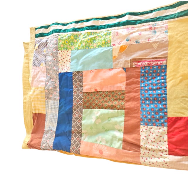 Traditional Retro 1960s Handmade Quilt With Vintage Fabric Panels and Velvet Ribbon Trim For Sale - Image 3 of 9