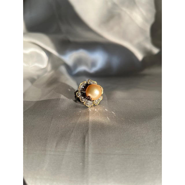 Gemstone South Sea Golden Pearl and Champagne Diamond Flower Cocktail Ring, Size 7.5 For Sale - Image 7 of 12