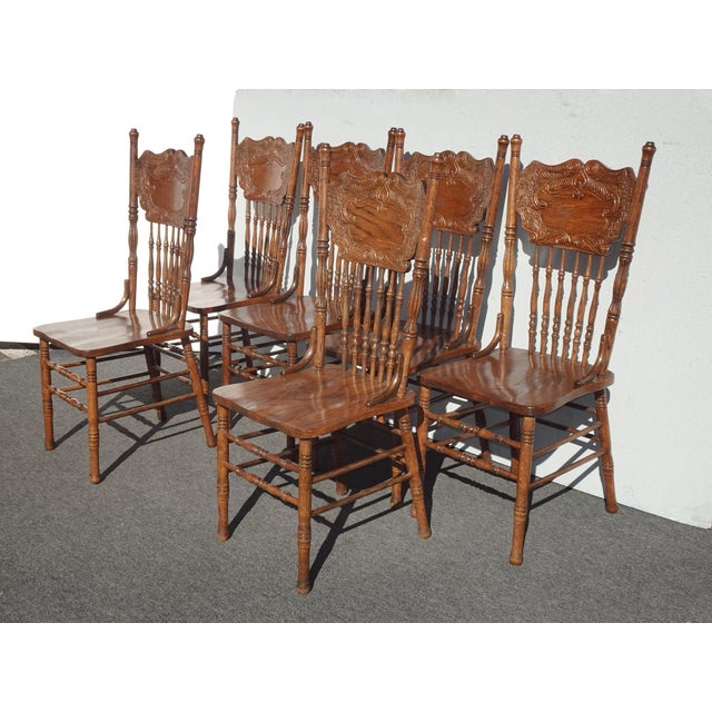 French Country Set of Six Vintage Oak Pressback Dining Room Chairs ~ French Country 2of 2 For Sale - Image 3 of 12