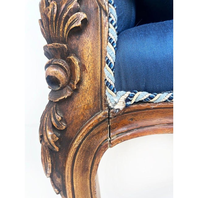 1920s Carved Walnut French Bergeres Armchairs Upholstered in Silk, a Pair For Sale - Image 15 of 15