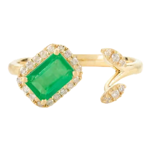 Art Deco Style Emerald Diamond Open Wedding Ring in 18k Gold Size 5