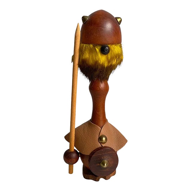 Mid Century Danish Modern 1960s Teak Viking Figurine Leather Fur Gnome Statue For Sale