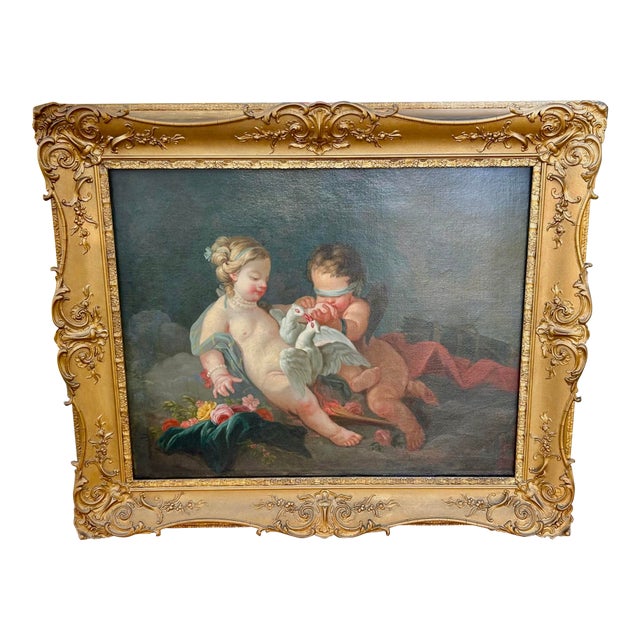 Mid 19th Century Large ( 38”x30” ) 19th C. O/C Cupid Holding Two Doves - After Francois Boucher For Sale