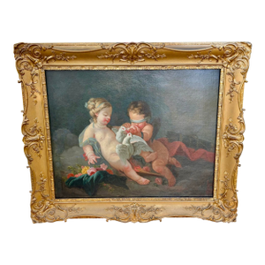 Mid 19th Century Large ( 38”x30” ) 19th C. O/C Cupid Holding Two Doves - After Francois Boucher