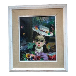Original Vintage Mid Century Modern Big Eyed Girl With Hat Painting Signed Original Frame 1960’s For Sale
