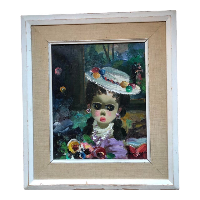 Original Vintage Mid Century Modern Big Eyed Girl With Hat Painting Signed Original Frame 1960’s For Sale