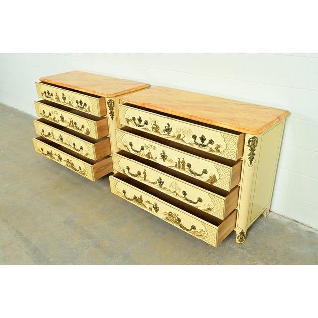Baker Furniture Style French Regency Louis XVI Chinoiserie Cream Lacquered Dresser Chests, Pair For Sale In South Bend - Image 6 of 11