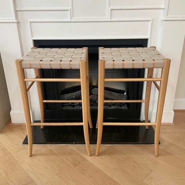 Tan Pair Crate & Barrel Oslo Barstools For Sale - Image 8 of 8