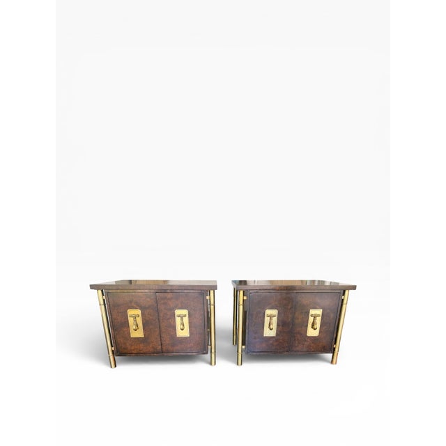 Mastercraft 1970s Attributed to Mastercraft Hollywood Regency Burl Wood & Satin Brass Side Cabinets / Nightstands – A Pair For Sale - Image 4 of 15