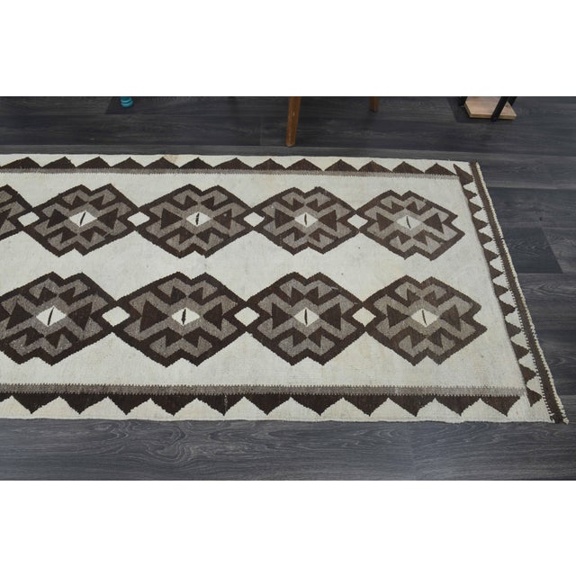 1970s Vintage Handmade Wool Cotton White Brown Runner Rug For Sale - Image 9 of 11