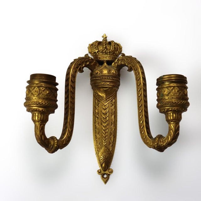 French Pair of Antique French Gilt Bronze Dual-Candle Sconces With Royal Crown C1890 For Sale - Image 3 of 9