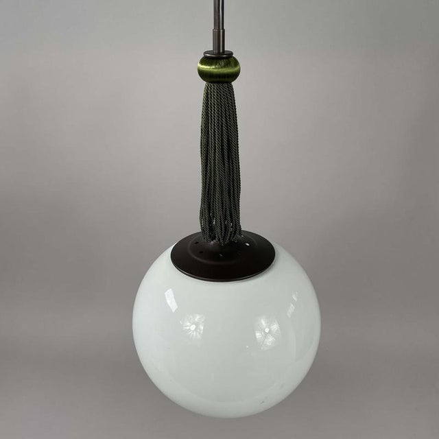 Opaline Glass and Burnished Brass Ball Pendants with Tassels, Germany, 1930s, Set of 2 For Sale - Image 11 of 17
