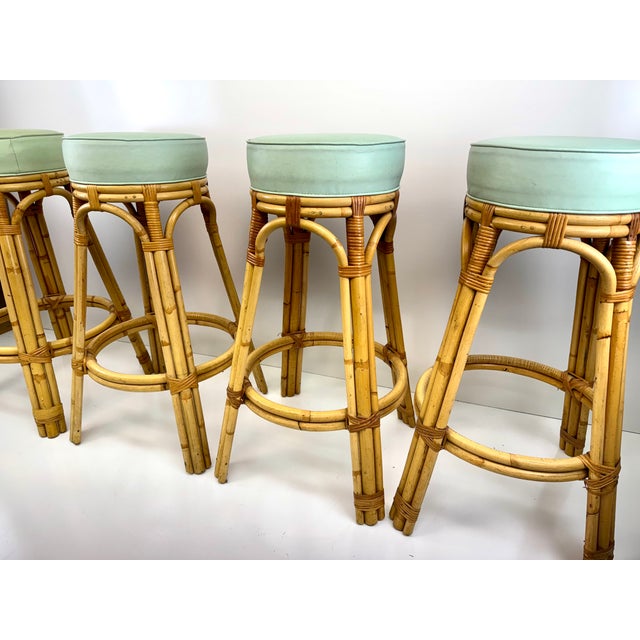 1960s 1960s Set of 4 Mid Century Cal-Asia Rattan Bar Stools With Mint Green Upholstered Seats For Sale - Image 5 of 8