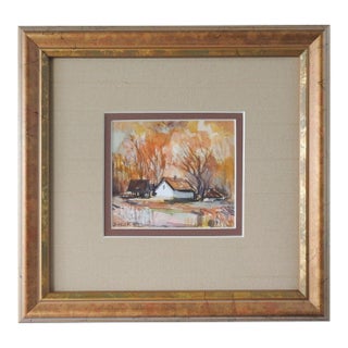 Small Impressionist Farmhouse in Autumn Watercolor Painting For Sale