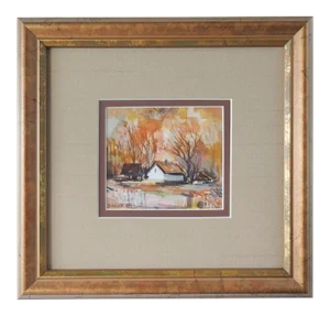 Small Impressionist Farmhouse in Autumn Watercolor Painting