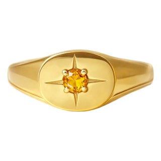 Citrine Signet Northern Star Ring, Gold Starburst Design Ring for Women, Size 7 For Sale