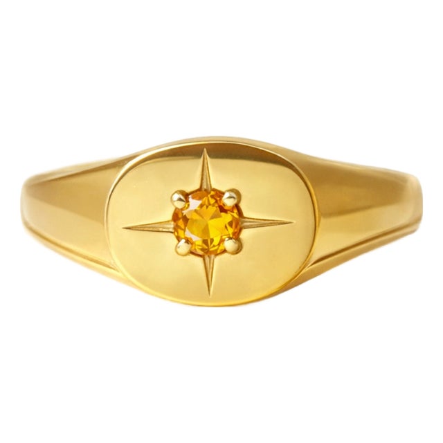 Citrine Signet Northern Star Ring, Gold Starburst Design Ring for Women, Size 7 For Sale