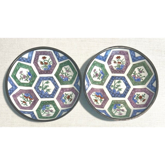 MCM Pewter and Ceramic Neiman Marcus Floral Asian Plates Bowls - A 4 Piece Set For Sale In Naples, FL - Image 6 of 9