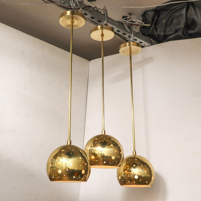Set of 3 Mid-Century Rounded Brass Pendant Chandeliers W/ Circular Cutout Detail For Sale In New York - Image 6 of 12