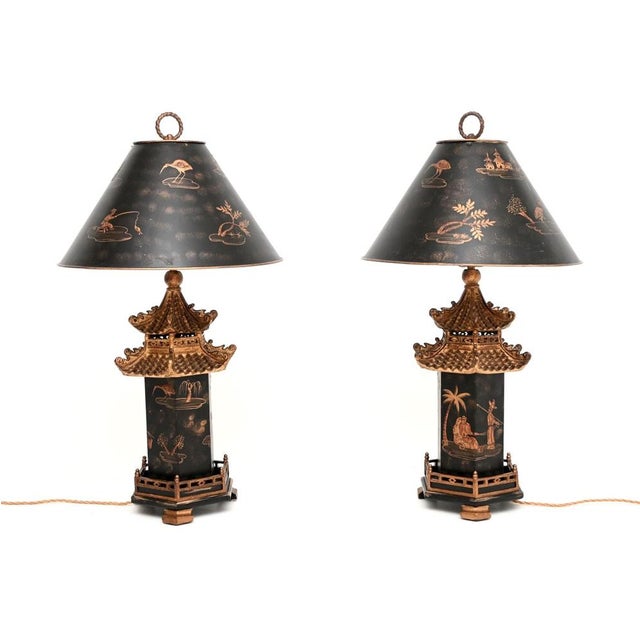 Antique Chinoiserie Oriental Lacquered Table Lamps, 1970s, Set of 2 For Sale - Image 3 of 14
