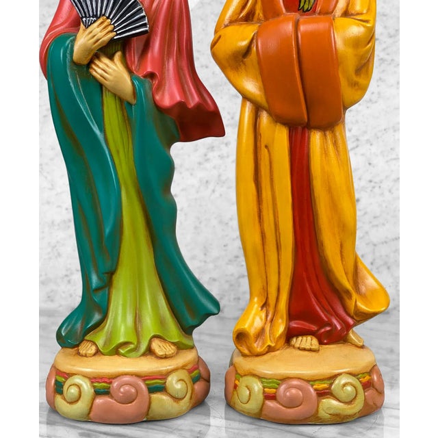 Yellow Vintage Chinese Immortal Figural Man & Women Pottery Sculptures - a Pair For Sale - Image 8 of 10